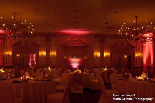 Pink up lighting for wedding reception and table setup by Maria Celeste Photography