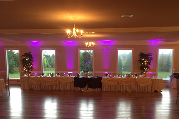 Pink accent up lighting at wedding behind main tables